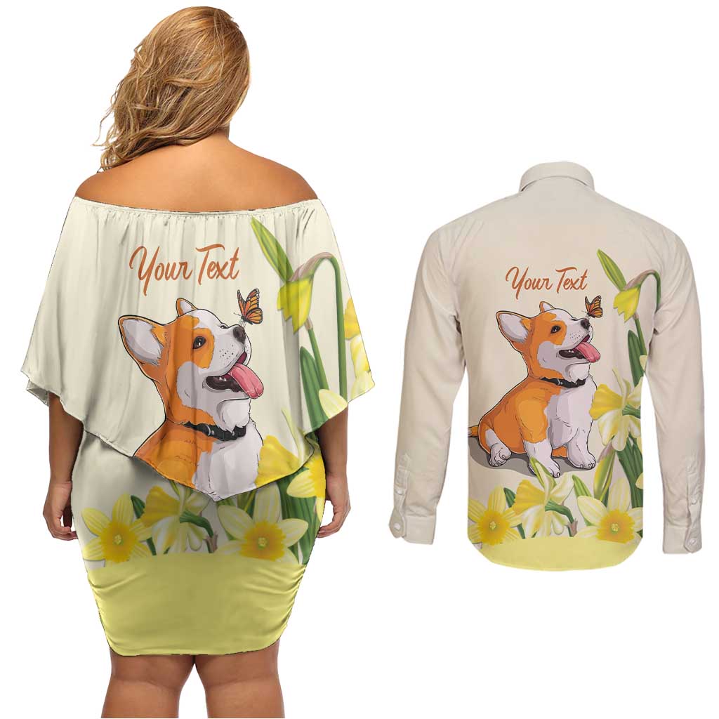 Personalised Wales Corgi and Daffodil Couples Matching Off Shoulder Short Dress and Long Sleeve Button Shirt Welsh Dog Lovers - Wonder Print Shop