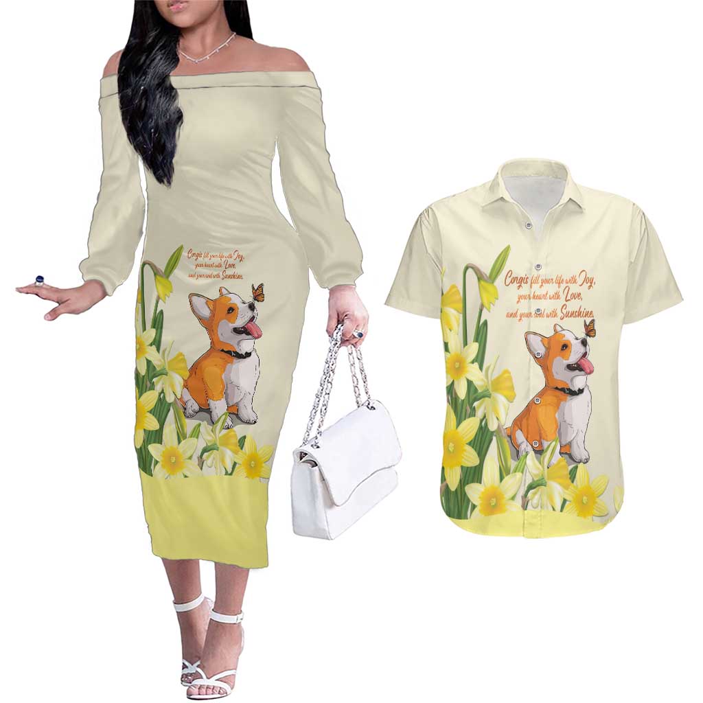 Personalised Wales Corgi and Daffodil Couples Matching Off The Shoulder Long Sleeve Dress and Hawaiian Shirt Welsh Dog Lovers - Wonder Print Shop