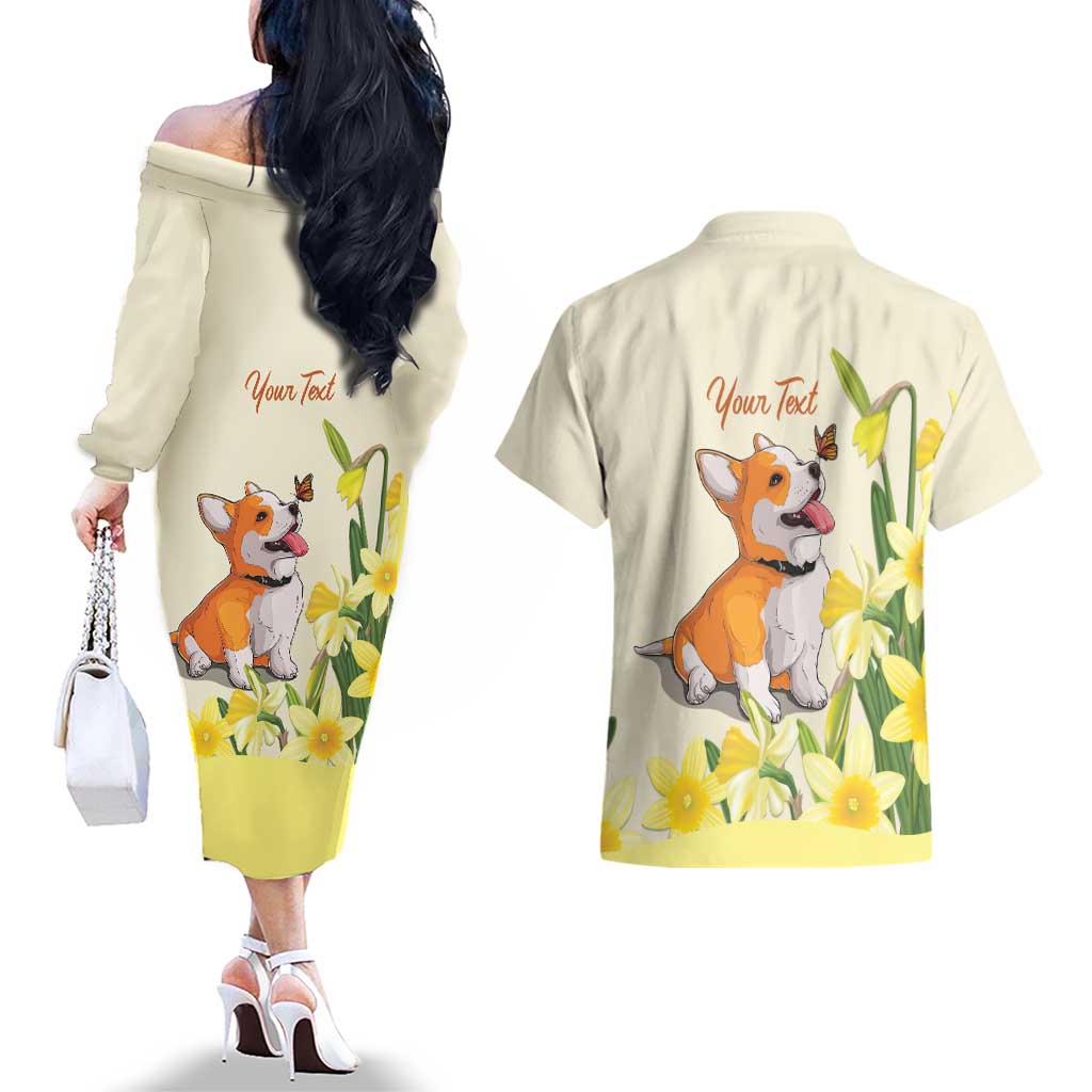 Personalised Wales Corgi and Daffodil Couples Matching Off The Shoulder Long Sleeve Dress and Hawaiian Shirt Welsh Dog Lovers - Wonder Print Shop