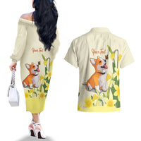 Personalised Wales Corgi and Daffodil Couples Matching Off The Shoulder Long Sleeve Dress and Hawaiian Shirt Welsh Dog Lovers - Wonder Print Shop