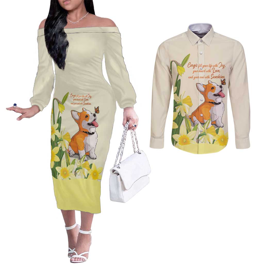 Personalised Wales Corgi and Daffodil Couples Matching Off The Shoulder Long Sleeve Dress and Long Sleeve Button Shirt Welsh Dog Lovers - Wonder Print Shop