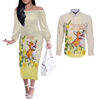 Personalised Wales Corgi and Daffodil Couples Matching Off The Shoulder Long Sleeve Dress and Long Sleeve Button Shirt Welsh Dog Lovers - Wonder Print Shop