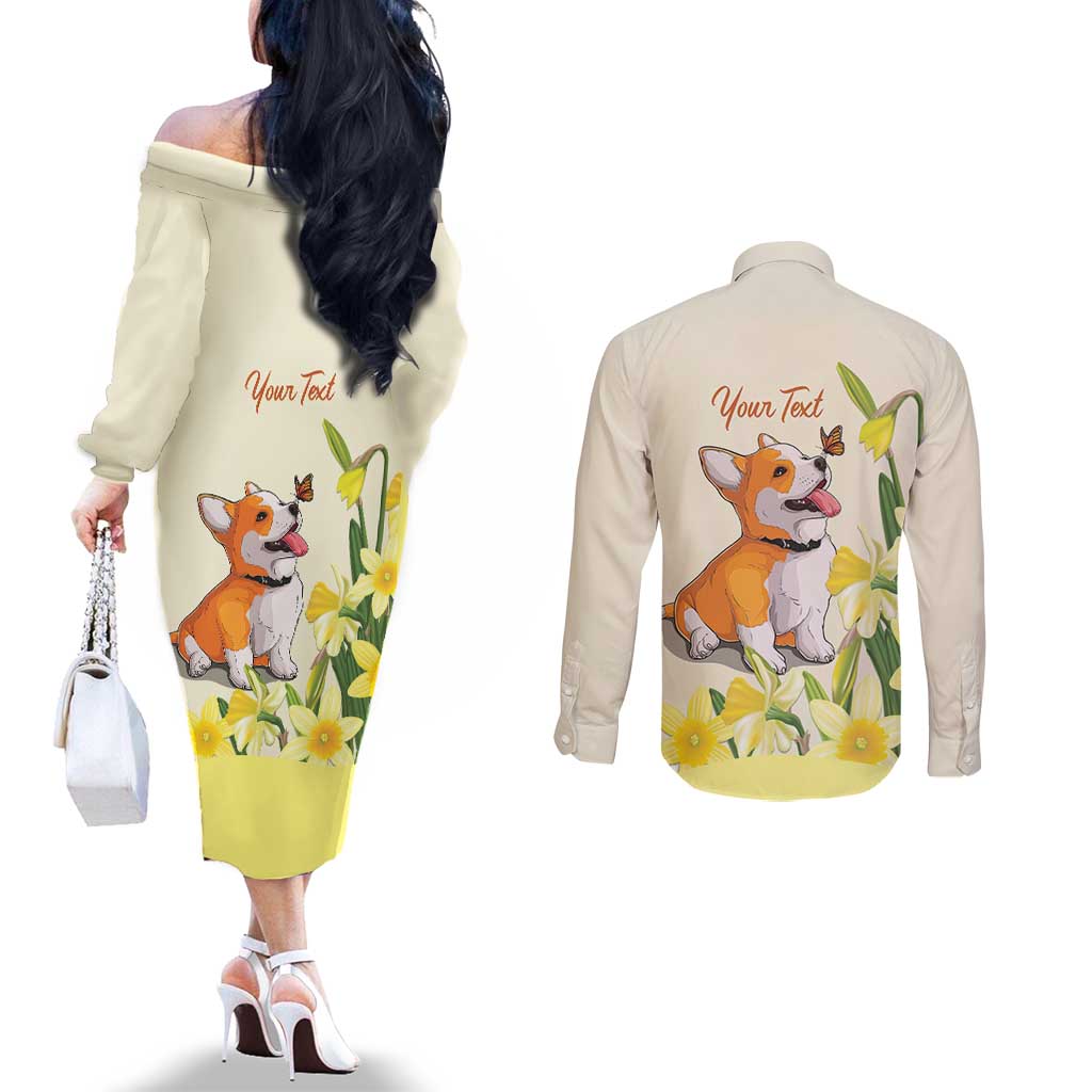Personalised Wales Corgi and Daffodil Couples Matching Off The Shoulder Long Sleeve Dress and Long Sleeve Button Shirt Welsh Dog Lovers - Wonder Print Shop