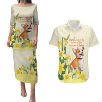 Personalised Wales Corgi and Daffodil Couples Matching Puletasi and Hawaiian Shirt Welsh Dog Lovers - Wonder Print Shop