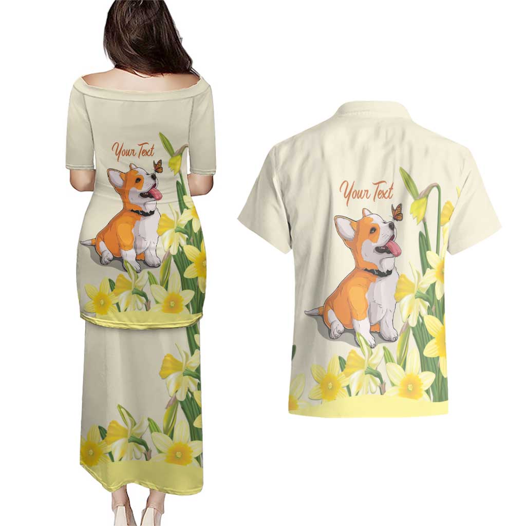Personalised Wales Corgi and Daffodil Couples Matching Puletasi and Hawaiian Shirt Welsh Dog Lovers - Wonder Print Shop