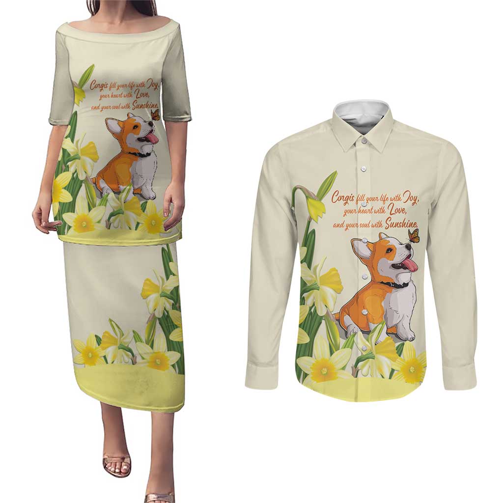 Personalised Wales Corgi and Daffodil Couples Matching Puletasi and Long Sleeve Button Shirt Welsh Dog Lovers - Wonder Print Shop