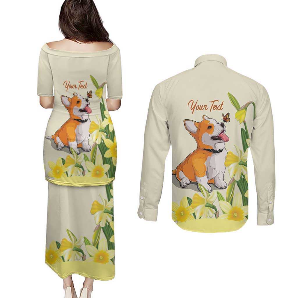Personalised Wales Corgi and Daffodil Couples Matching Puletasi and Long Sleeve Button Shirt Welsh Dog Lovers - Wonder Print Shop