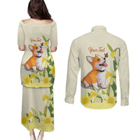 Personalised Wales Corgi and Daffodil Couples Matching Puletasi and Long Sleeve Button Shirt Welsh Dog Lovers - Wonder Print Shop