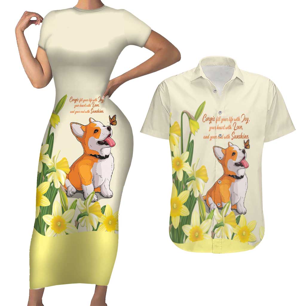 Personalised Wales Corgi and Daffodil Couples Matching Short Sleeve Bodycon Dress and Hawaiian Shirt Welsh Dog Lovers - Wonder Print Shop