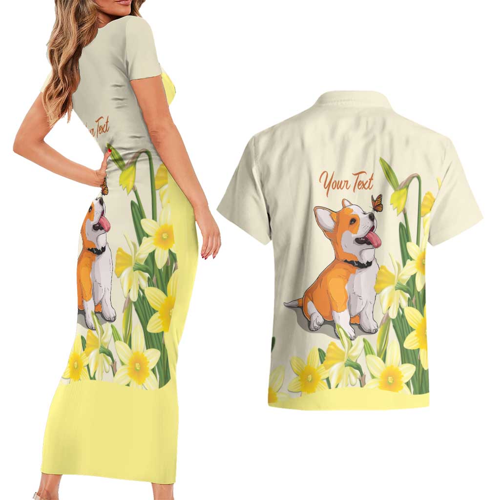 Personalised Wales Corgi and Daffodil Couples Matching Short Sleeve Bodycon Dress and Hawaiian Shirt Welsh Dog Lovers - Wonder Print Shop