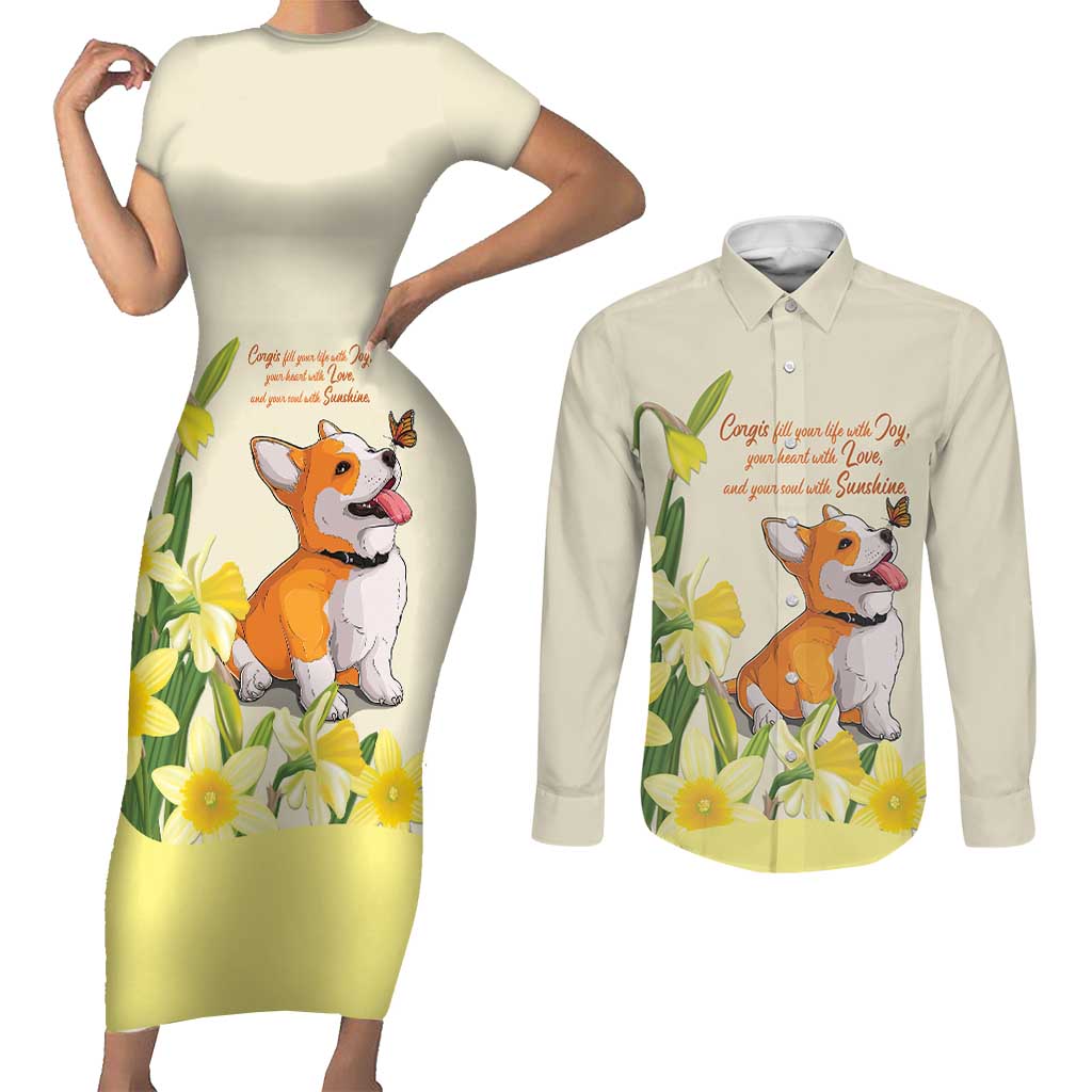 Personalised Wales Corgi and Daffodil Couples Matching Short Sleeve Bodycon Dress and Long Sleeve Button Shirt Welsh Dog Lovers - Wonder Print Shop