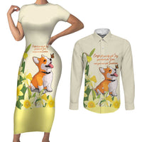 Personalised Wales Corgi and Daffodil Couples Matching Short Sleeve Bodycon Dress and Long Sleeve Button Shirt Welsh Dog Lovers - Wonder Print Shop