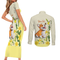 Personalised Wales Corgi and Daffodil Couples Matching Short Sleeve Bodycon Dress and Long Sleeve Button Shirt Welsh Dog Lovers - Wonder Print Shop