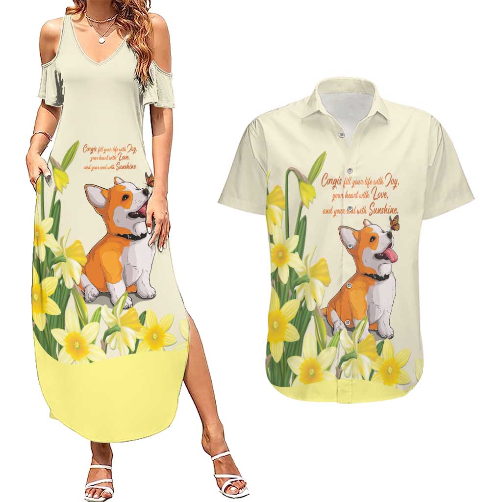 Personalised Wales Corgi and Daffodil Couples Matching Summer Maxi Dress and Hawaiian Shirt Welsh Dog Lovers - Wonder Print Shop