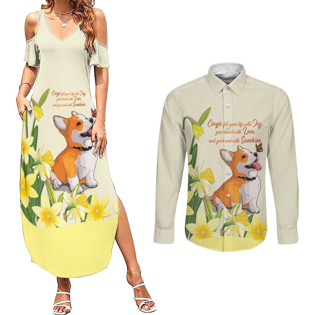 Personalised Wales Corgi and Daffodil Couples Matching Summer Maxi Dress and Long Sleeve Button Shirt Welsh Dog Lovers - Wonder Print Shop