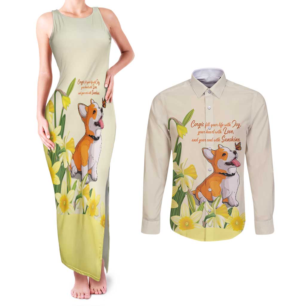 Personalised Wales Corgi and Daffodil Couples Matching Tank Maxi Dress and Long Sleeve Button Shirt Welsh Dog Lovers - Wonder Print Shop