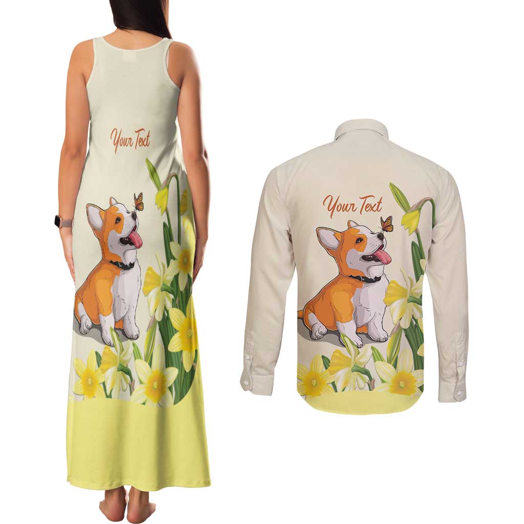 Personalised Wales Corgi and Daffodil Couples Matching Tank Maxi Dress and Long Sleeve Button Shirt Welsh Dog Lovers - Wonder Print Shop