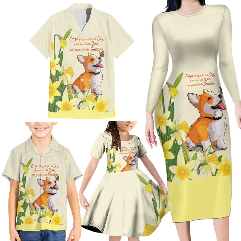 Personalised Wales Corgi and Daffodil Family Matching Long Sleeve Bodycon Dress and Hawaiian Shirt Welsh Dog Lovers - Wonder Print Shop