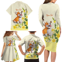 Personalised Wales Corgi and Daffodil Family Matching Long Sleeve Bodycon Dress and Hawaiian Shirt Welsh Dog Lovers - Wonder Print Shop