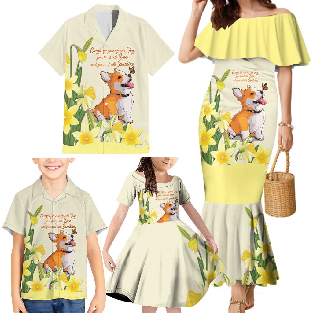 Personalised Wales Corgi and Daffodil Family Matching Mermaid Dress and Hawaiian Shirt Welsh Dog Lovers - Wonder Print Shop