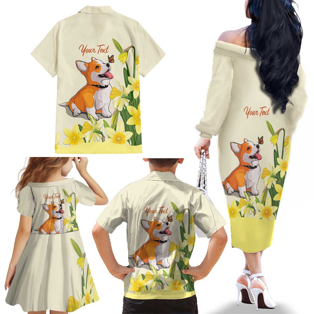 Personalised Wales Corgi and Daffodil Family Matching Off The Shoulder Long Sleeve Dress and Hawaiian Shirt Welsh Dog Lovers - Wonder Print Shop