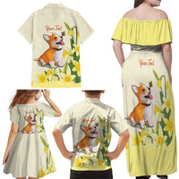 Personalised Wales Corgi and Daffodil Family Matching Off Shoulder Maxi Dress and Hawaiian Shirt Welsh Dog Lovers - Wonder Print Shop