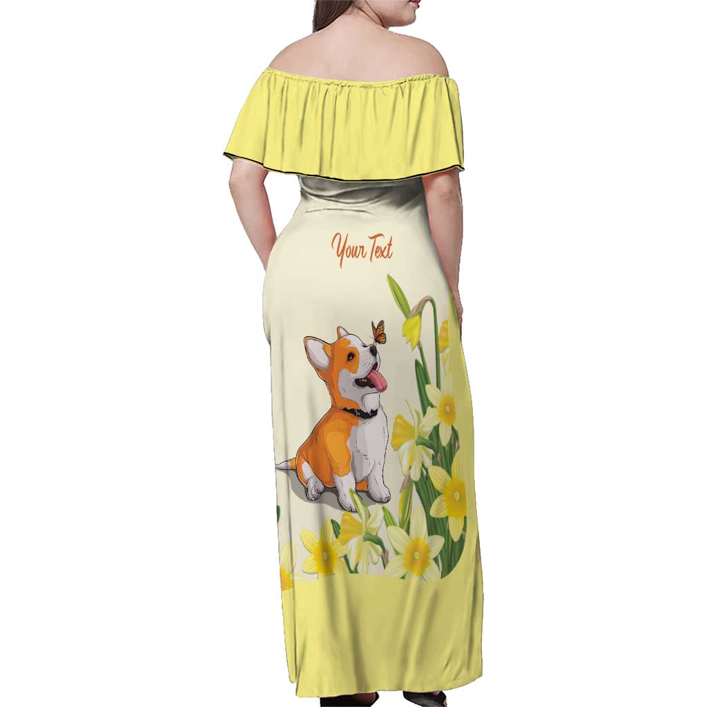 Personalised Wales Corgi and Daffodil Family Matching Off Shoulder Maxi Dress and Hawaiian Shirt Welsh Dog Lovers - Wonder Print Shop