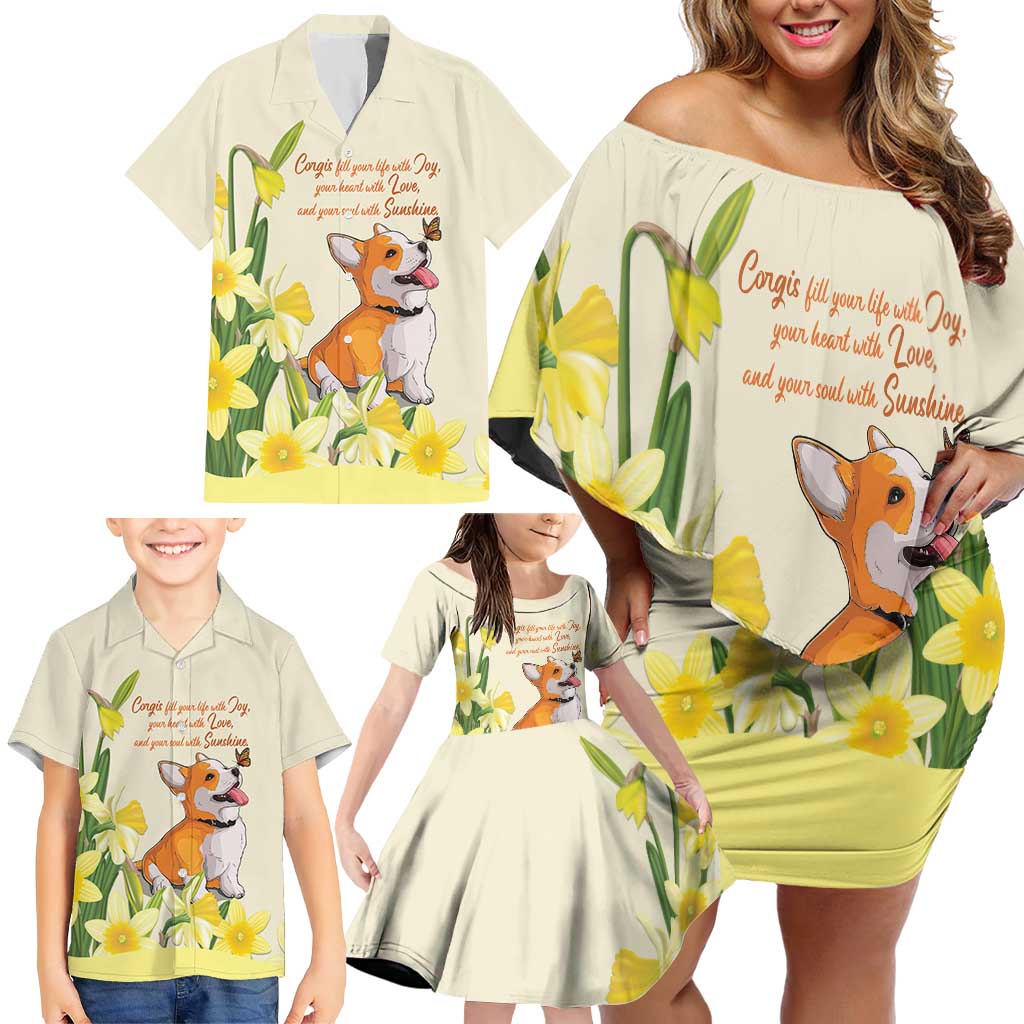 Personalised Wales Corgi and Daffodil Family Matching Off Shoulder Short Dress and Hawaiian Shirt Welsh Dog Lovers - Wonder Print Shop