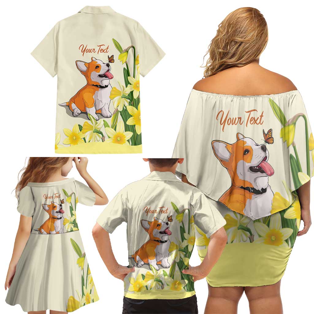 Personalised Wales Corgi and Daffodil Family Matching Off Shoulder Short Dress and Hawaiian Shirt Welsh Dog Lovers - Wonder Print Shop