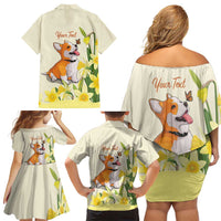 Personalised Wales Corgi and Daffodil Family Matching Off Shoulder Short Dress and Hawaiian Shirt Welsh Dog Lovers - Wonder Print Shop