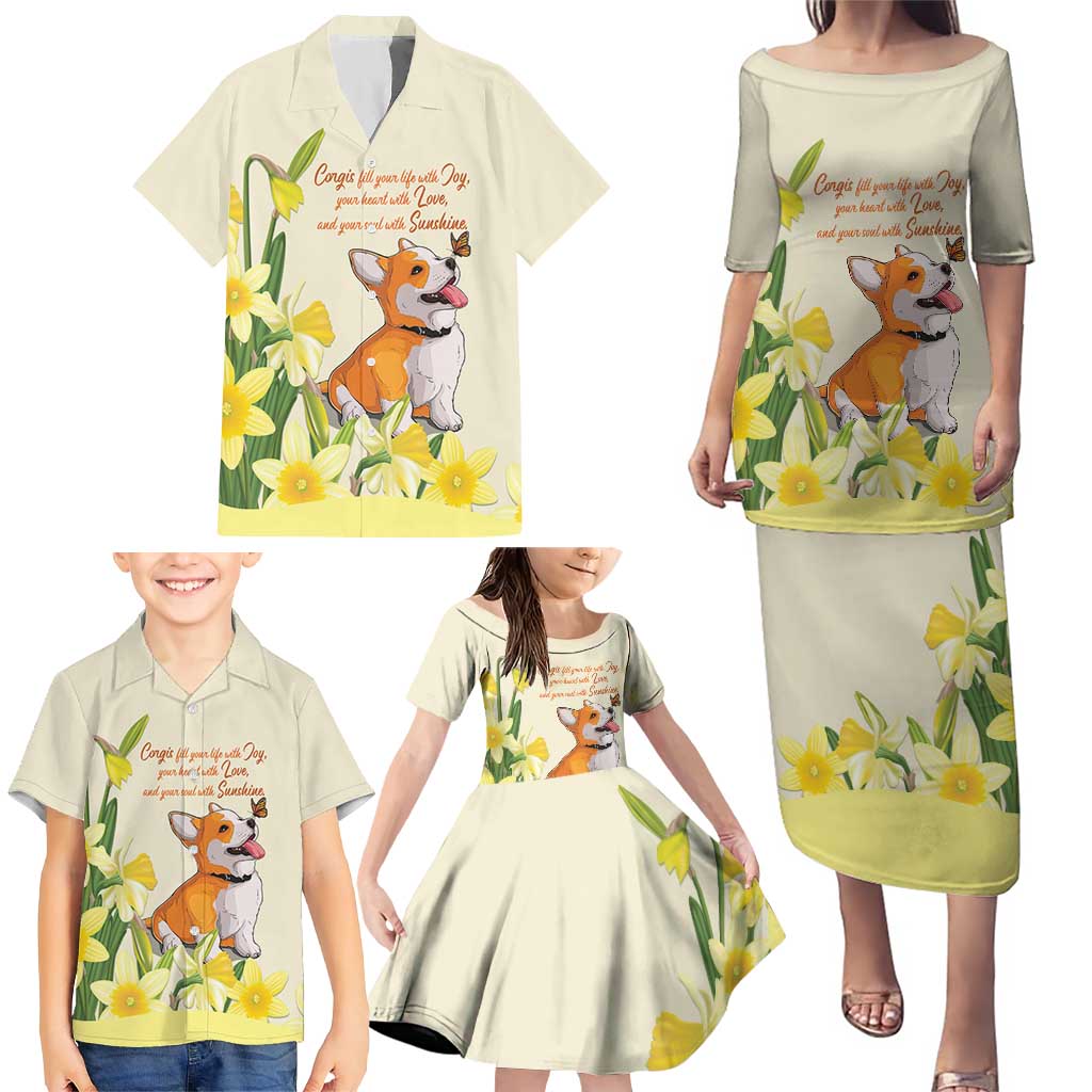 Personalised Wales Corgi and Daffodil Family Matching Puletasi and Hawaiian Shirt Welsh Dog Lovers - Wonder Print Shop