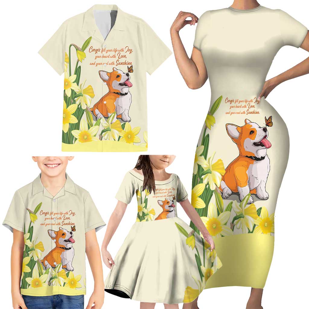Personalised Wales Corgi and Daffodil Family Matching Short Sleeve Bodycon Dress and Hawaiian Shirt Welsh Dog Lovers - Wonder Print Shop