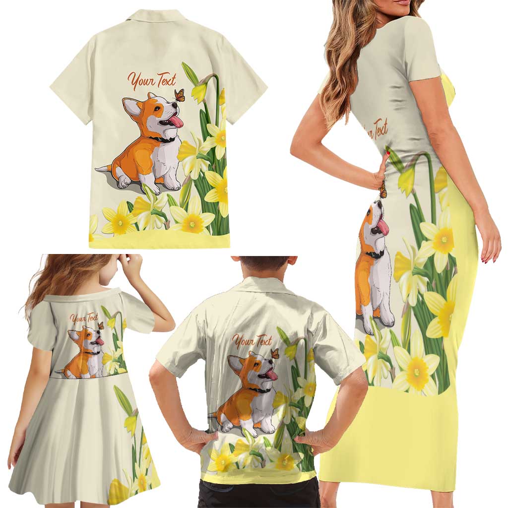 Personalised Wales Corgi and Daffodil Family Matching Short Sleeve Bodycon Dress and Hawaiian Shirt Welsh Dog Lovers - Wonder Print Shop