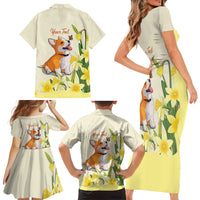 Personalised Wales Corgi and Daffodil Family Matching Short Sleeve Bodycon Dress and Hawaiian Shirt Welsh Dog Lovers - Wonder Print Shop