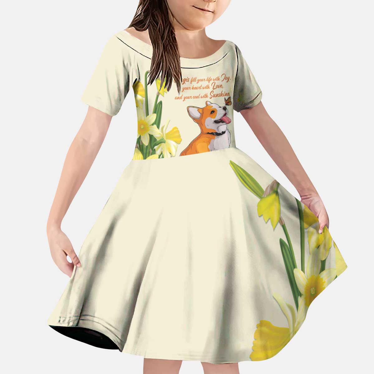 Personalised Wales Corgi and Daffodil Kid Short Sleeve Dress Welsh Dog Lovers - Wonder Print Shop