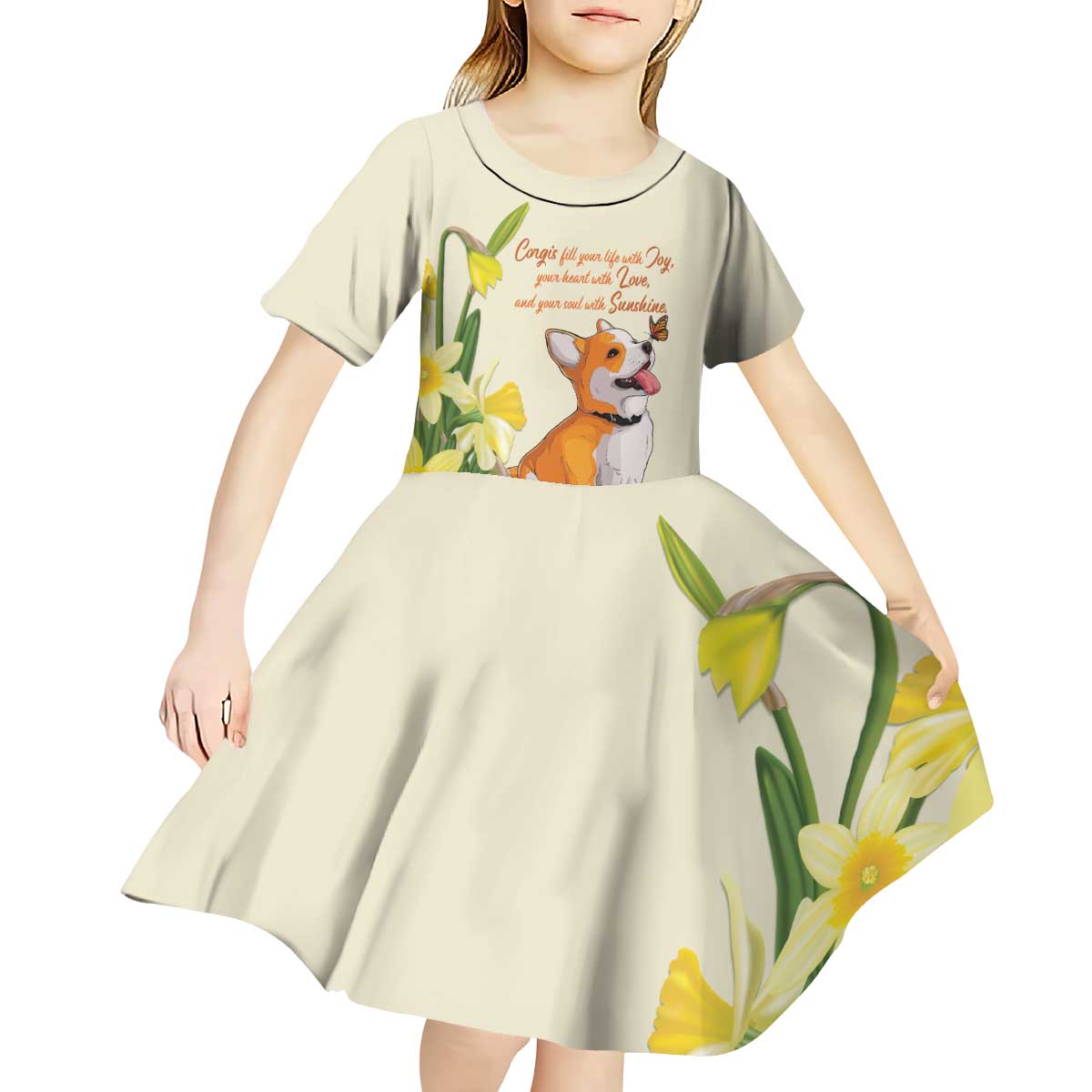 Personalised Wales Corgi and Daffodil Kid Short Sleeve Dress Welsh Dog Lovers - Wonder Print Shop