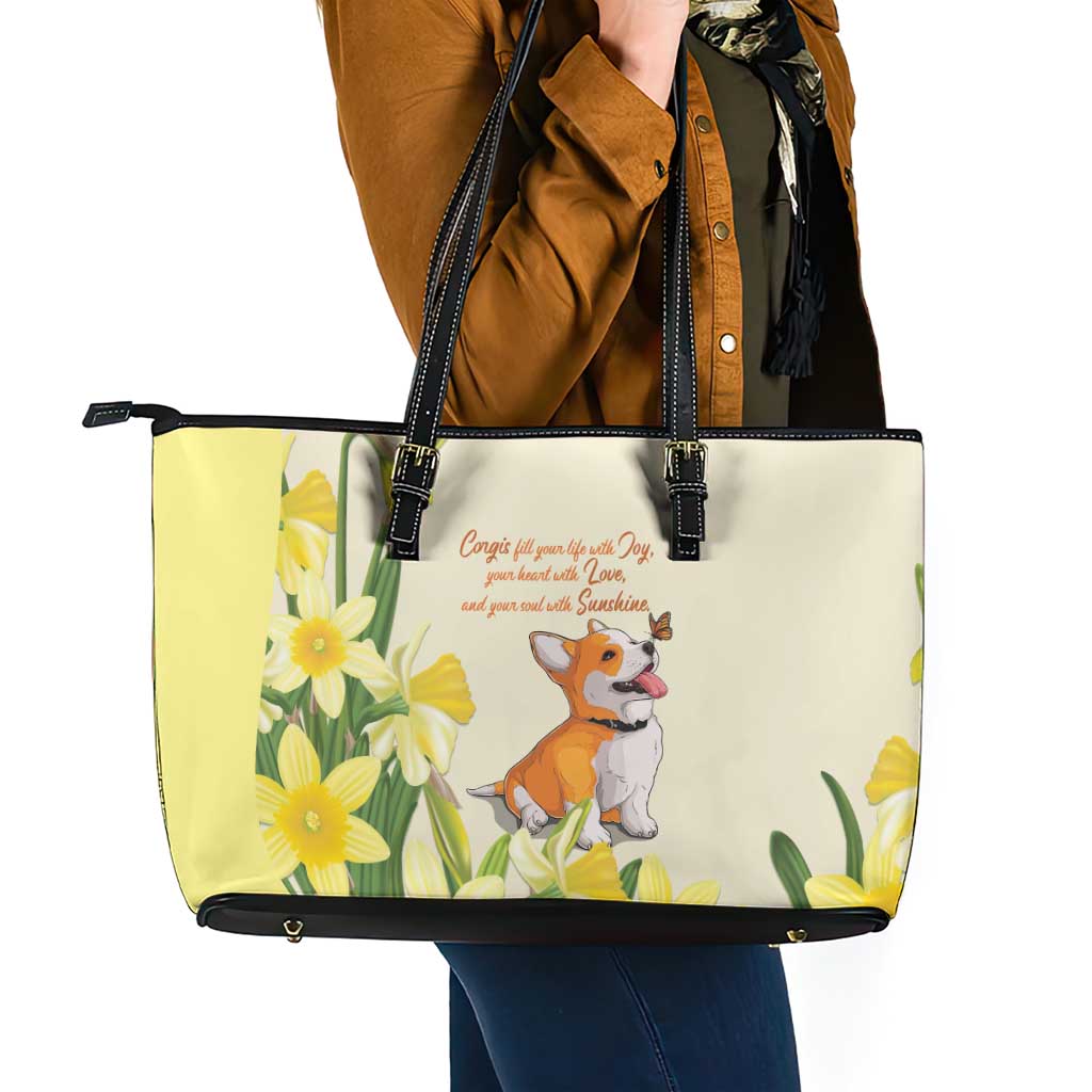 Wales Corgi and Daffodil Leather Tote Bag Welsh Dog Lovers - Wonder Print Shop
