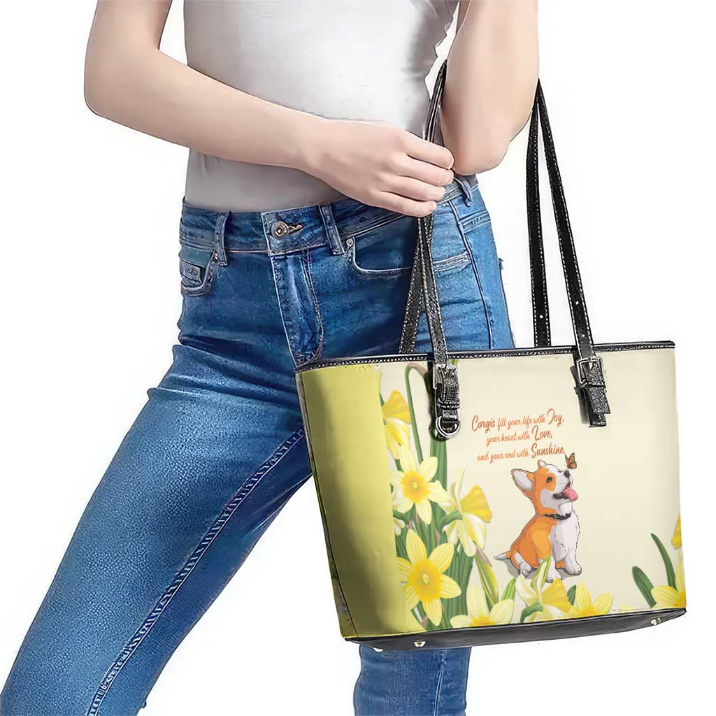 Wales Corgi and Daffodil Leather Tote Bag Welsh Dog Lovers - Wonder Print Shop