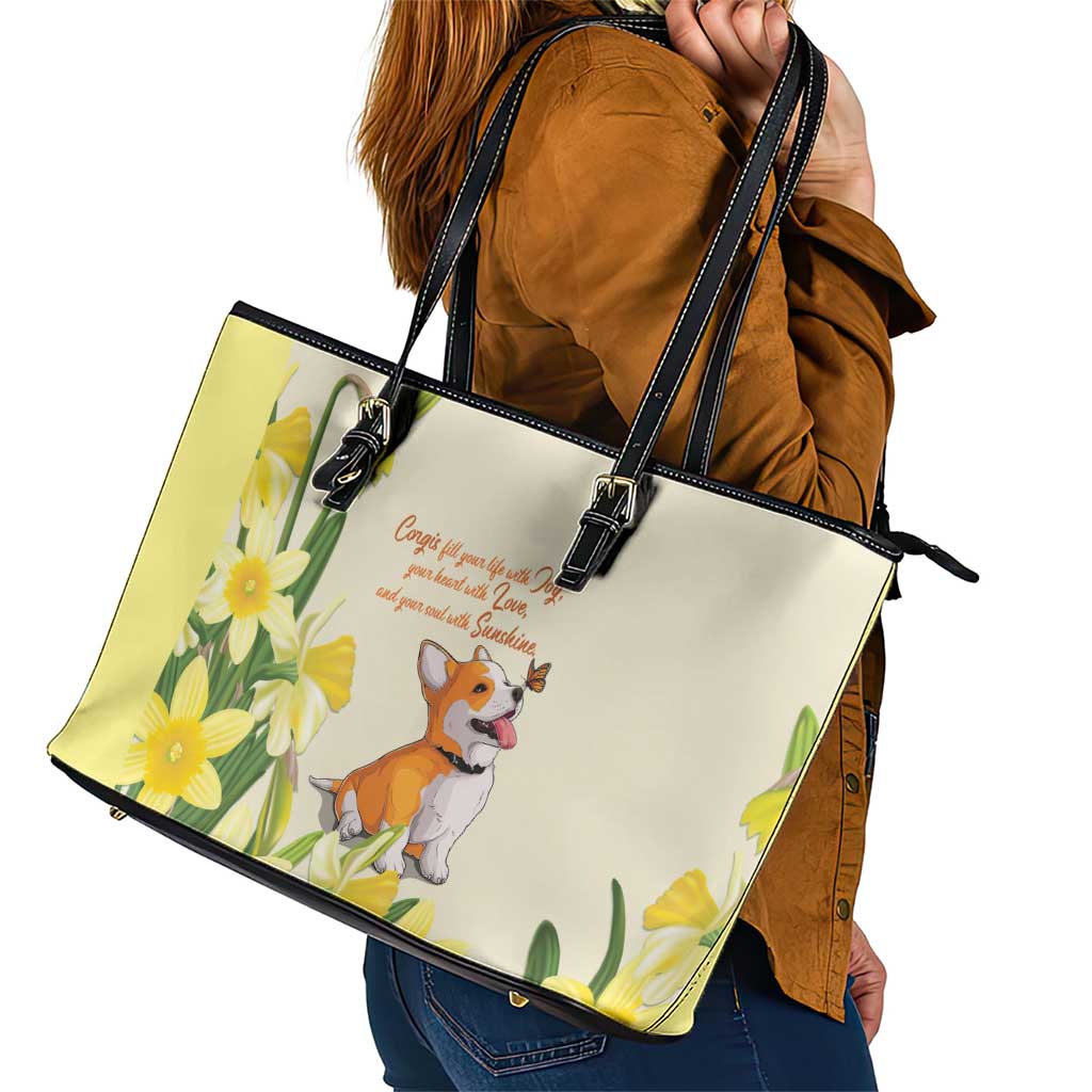 Wales Corgi and Daffodil Leather Tote Bag Welsh Dog Lovers - Wonder Print Shop