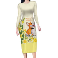 Personalised Wales Corgi and Daffodil Long Sleeve Bodycon Dress Welsh Dog Lovers - Wonder Print Shop