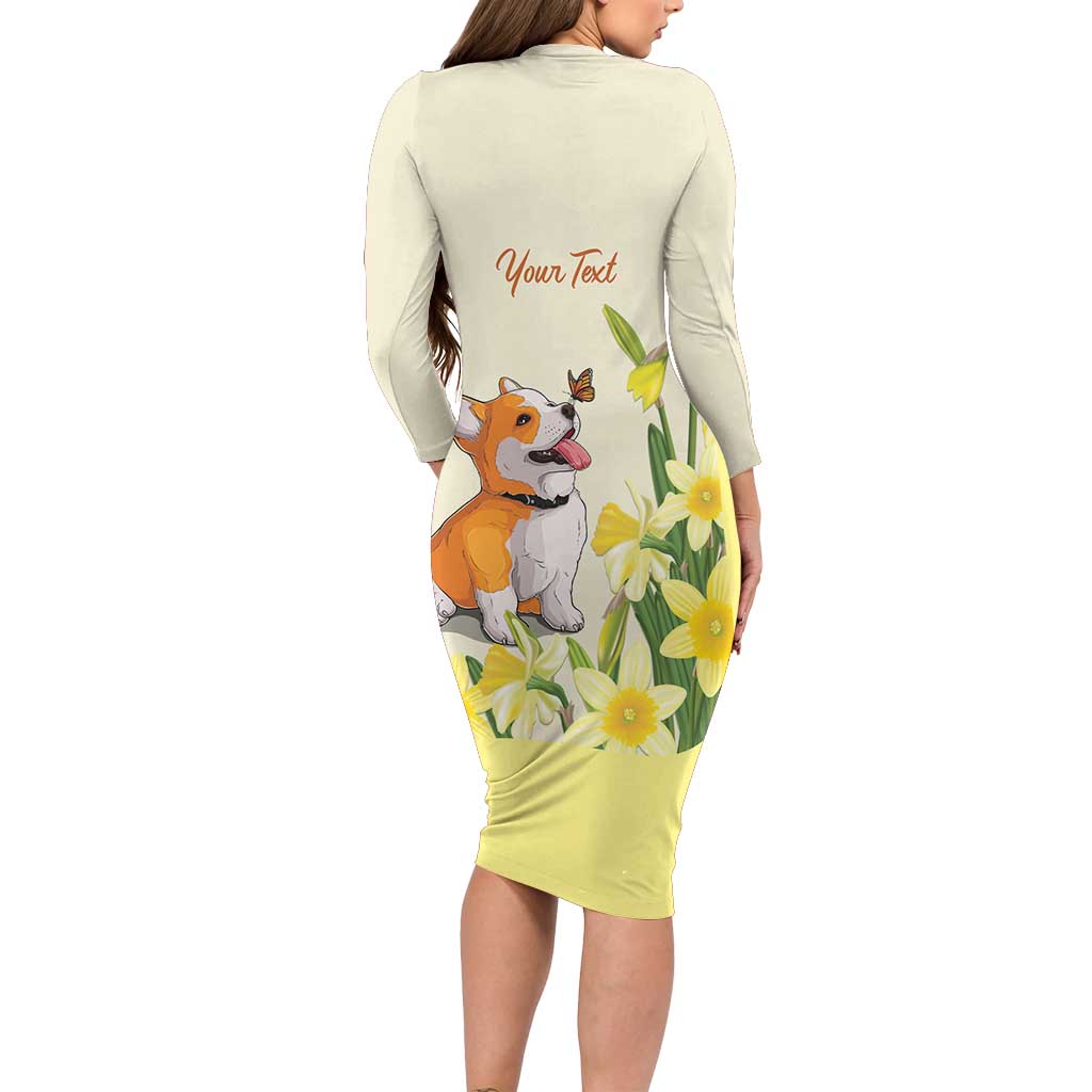 Personalised Wales Corgi and Daffodil Long Sleeve Bodycon Dress Welsh Dog Lovers - Wonder Print Shop