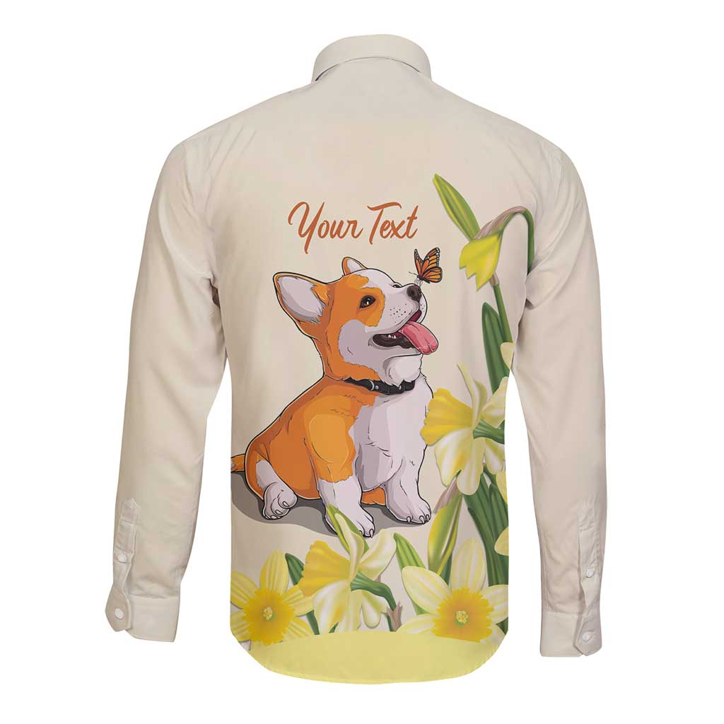 Personalised Wales Corgi and Daffodil Long Sleeve Button Shirt Welsh Dog Lovers - Wonder Print Shop