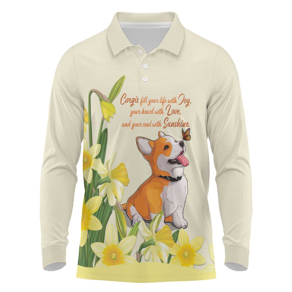 Personalised Wales Corgi and Daffodil Long Sleeve Polo Shirt Welsh Dog Lovers - Wonder Print Shop