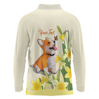 Personalised Wales Corgi and Daffodil Long Sleeve Polo Shirt Welsh Dog Lovers - Wonder Print Shop