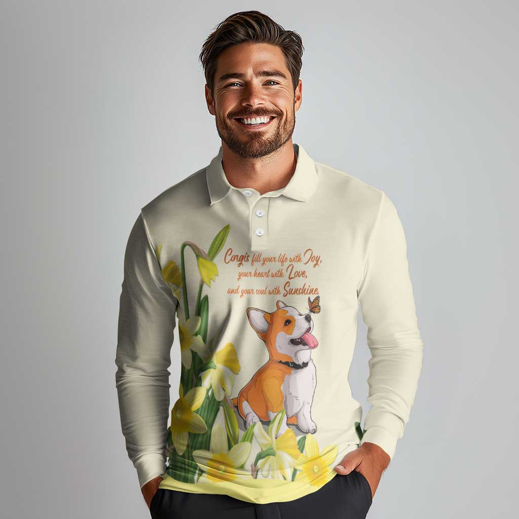 Personalised Wales Corgi and Daffodil Long Sleeve Polo Shirt Welsh Dog Lovers - Wonder Print Shop