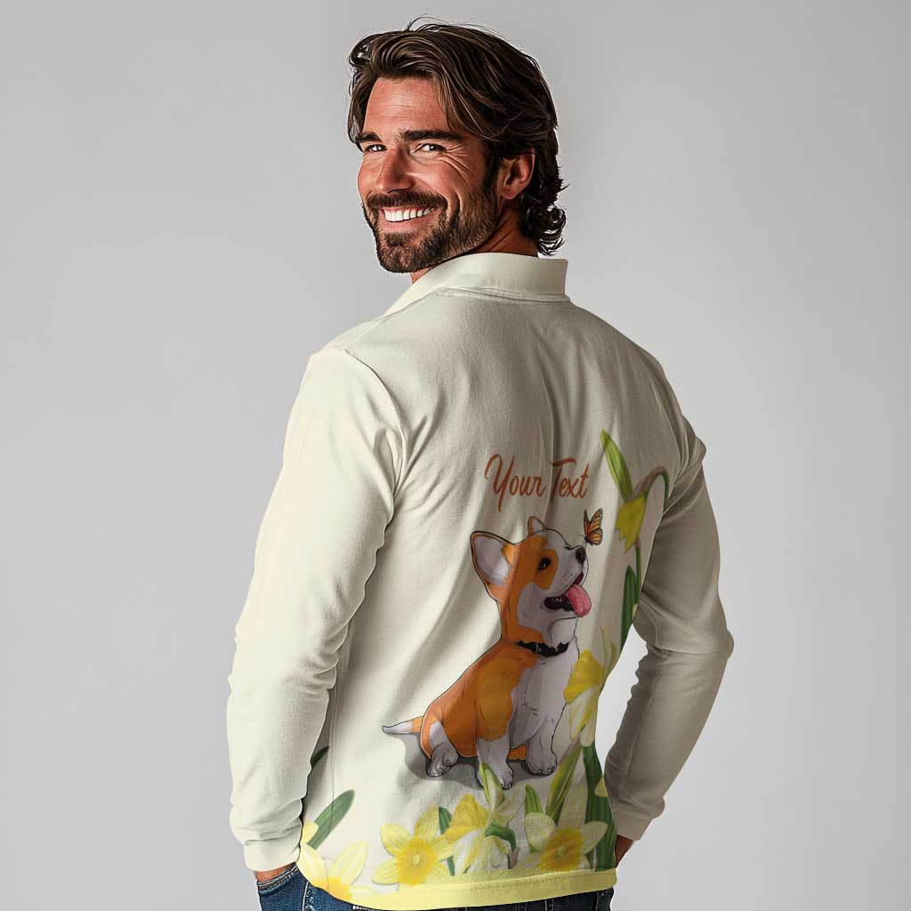 Personalised Wales Corgi and Daffodil Long Sleeve Polo Shirt Welsh Dog Lovers - Wonder Print Shop