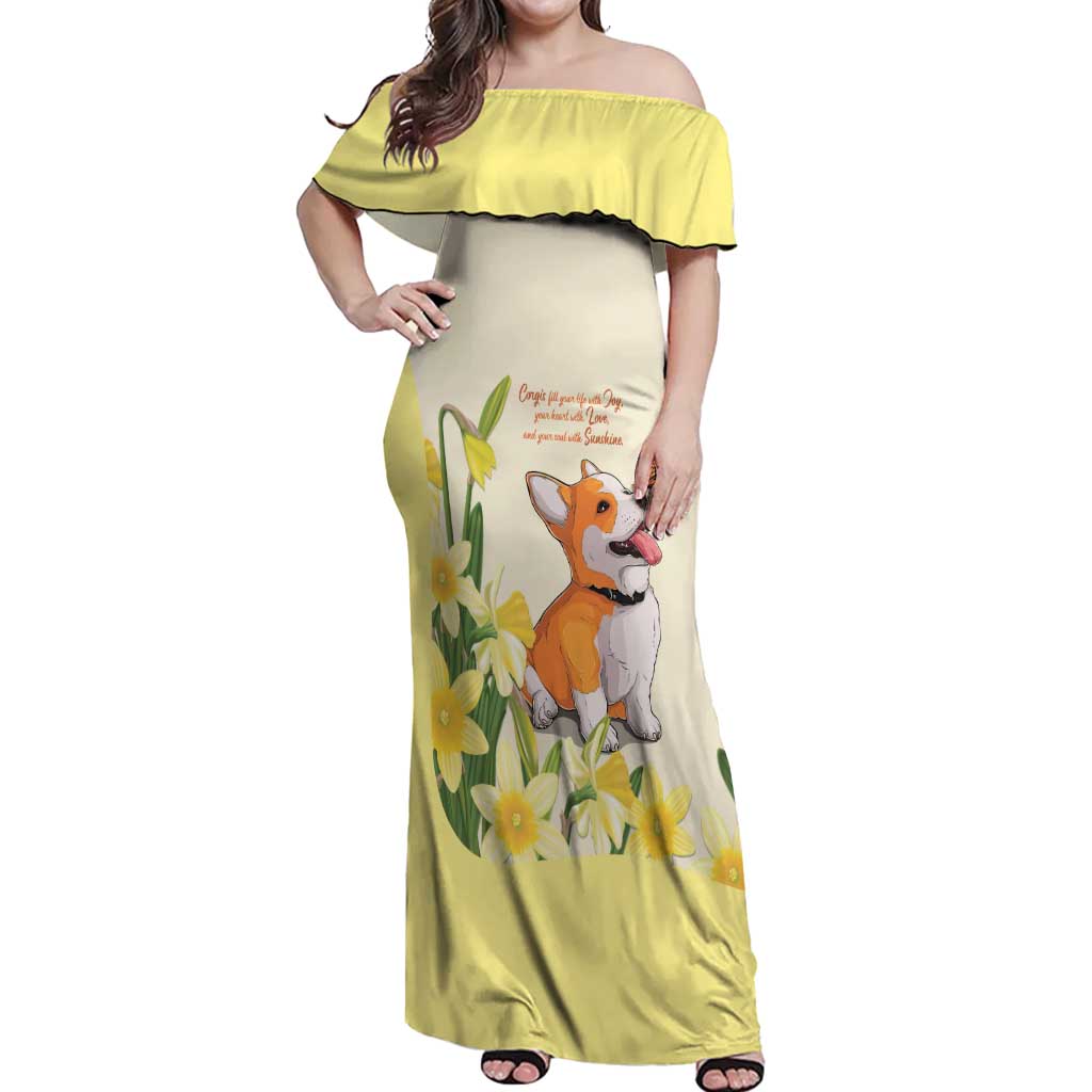 Personalised Wales Corgi and Daffodil Off Shoulder Maxi Dress Welsh Dog Lovers - Wonder Print Shop