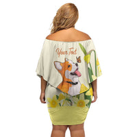 Personalised Wales Corgi and Daffodil Off Shoulder Short Dress Welsh Dog Lovers - Wonder Print Shop