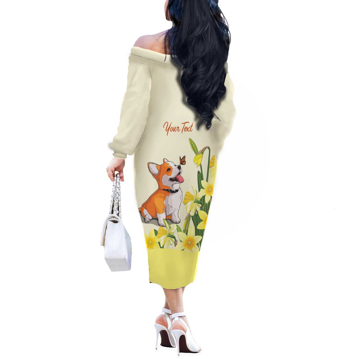 Personalised Wales Corgi and Daffodil Off The Shoulder Long Sleeve Dress Welsh Dog Lovers - Wonder Print Shop