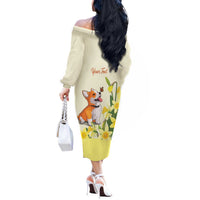 Personalised Wales Corgi and Daffodil Off The Shoulder Long Sleeve Dress Welsh Dog Lovers - Wonder Print Shop